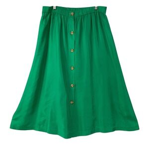 CHAUS Green Midi Skirt Button Front Elastic Waist 100% Silk Women's Size L